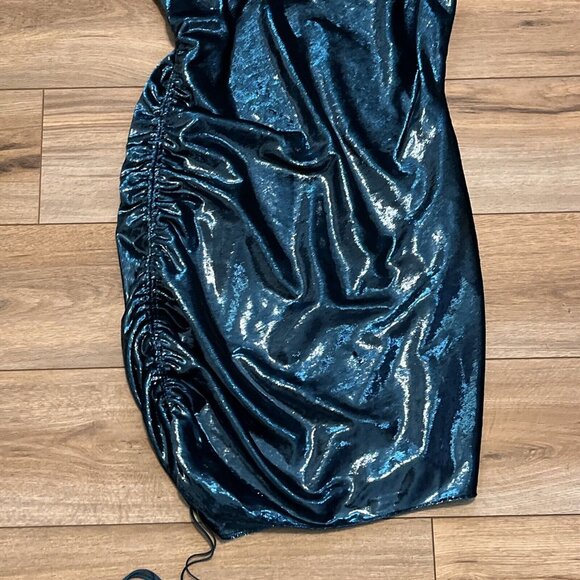 Cinq a Sept Shiny Astrid Mini Dress SZ 12 Teal Topaz Ruched Side Zip Adjustable - Picture 4 of 11